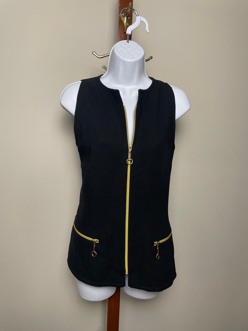 Jones New York Blazer Vest Size 8 Black Gold Zipper Detail 90s